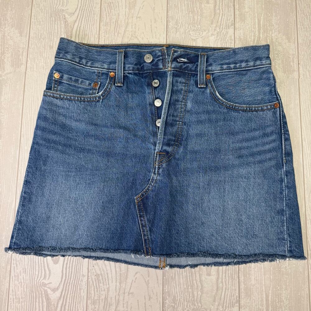 Y2K Levi's Dark Wash Denim Skirt Women's 27 Button Front Raw Hem Midi Jean Skirt